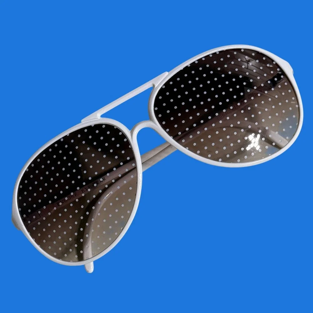 Vintage Encore Eyewear White Aviator Sunglasses Polka Dot Pinhole‎ Lens France